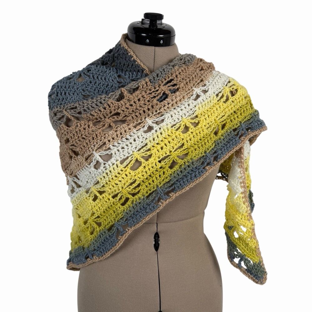 Handmade Crochet Shawl Scarf Wrap Grey Tan Yellow Boho Festival Flower Hippie
